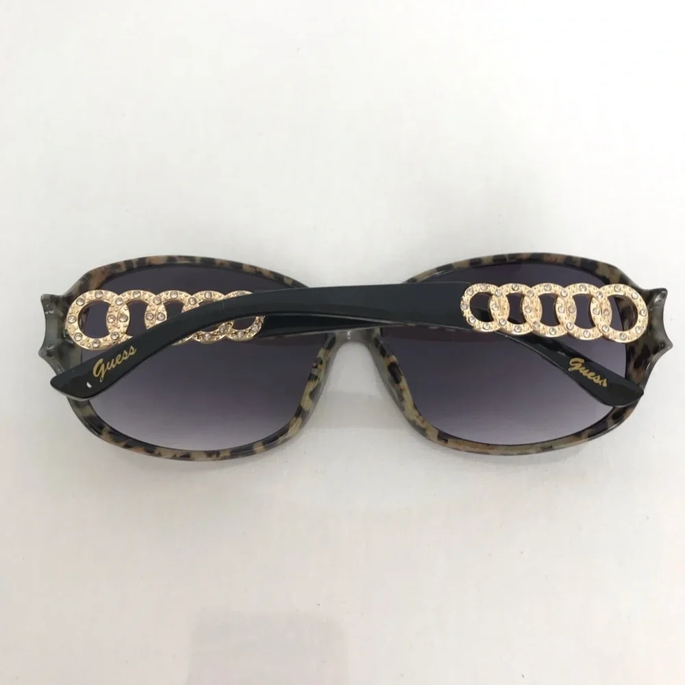 Guess Women's Sunglasses Black Frames W/Leopard Print Gold Rhinestone Accents